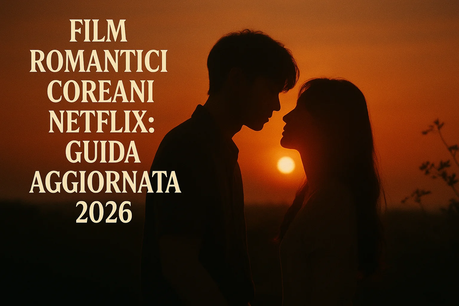 atmosfera cinematografica calda, silhouette e controluce romantici, mai volti riconoscibili né locandine di film reali — Film Romantici Coreani Netflix: Guida Aggiornata 2026