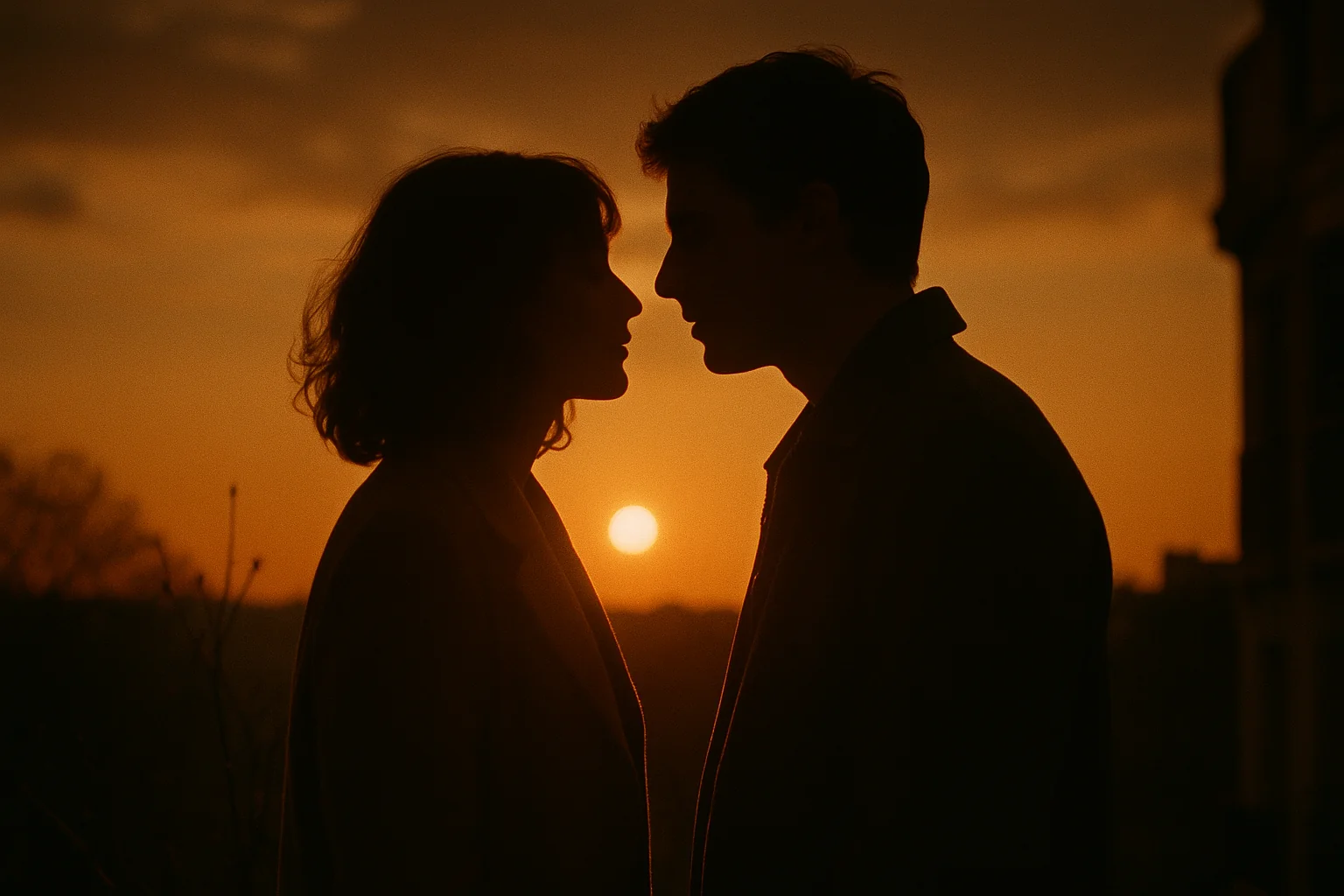 atmosfera cinematografica calda, silhouette e controluce romantici, mai volti riconoscibili né locandine di film reali — Ricerca: commedie romantiche francesi netflix