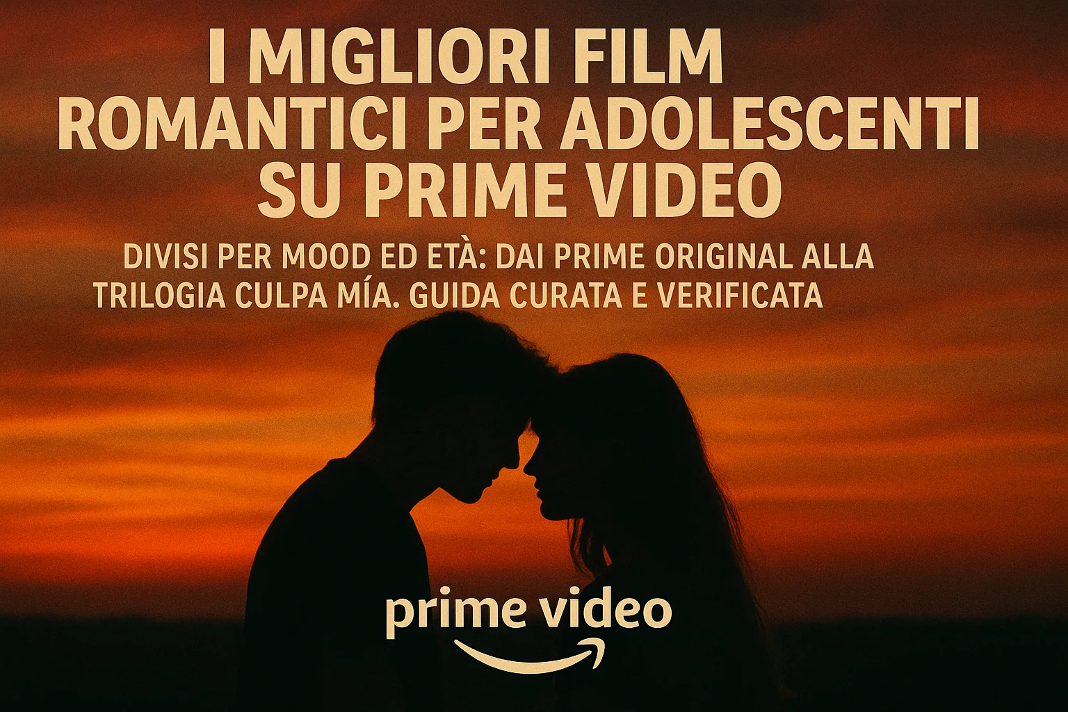 atmosfera cinematografica calda, silhouette e controluce romantici, mai volti riconoscibili né locandine di film reali — Film romantici per adolescenti su Prime Video: guida per mood. Dettaglio del so